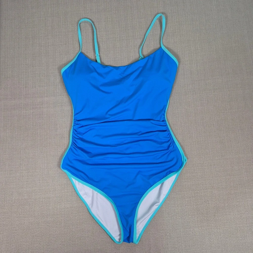 Eomenie Blue Ruched‎ Tummy Control One Piece Swimsuit Adjustable Straps Womens M